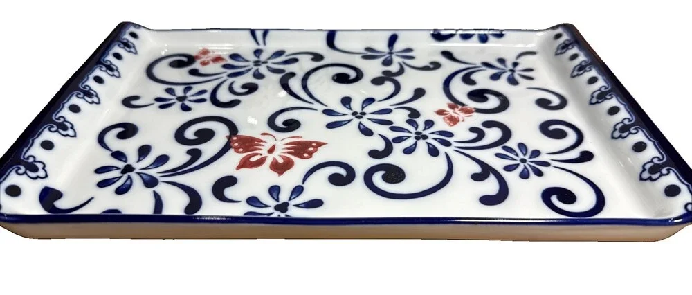 PIER 1 4 Pc HANDPAINTED PORCELAIN TEA Set Sandwich Tray Butterfly Blossom